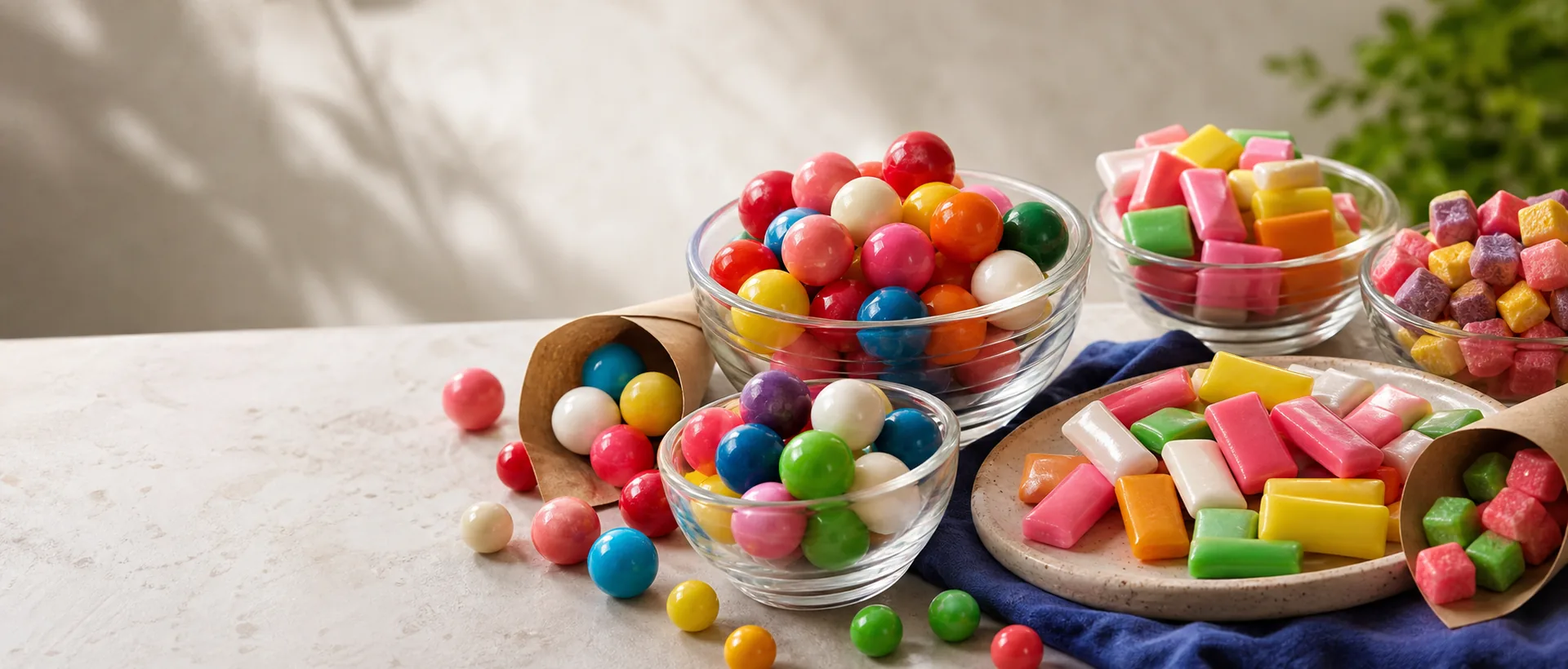 Bright ball gums and block gums arranged in bowls and trays