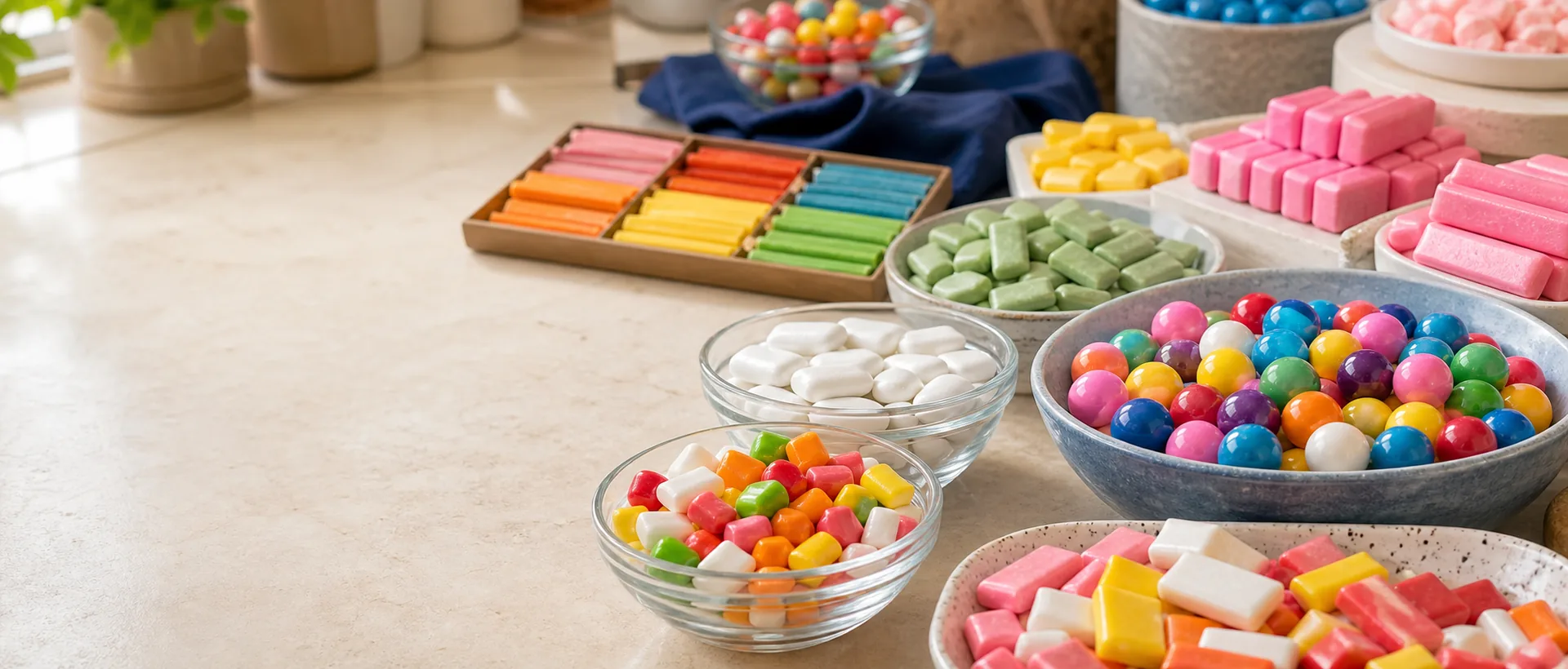Mixed chicklets, strips, ball gums, and block gums in a colorful retail display
