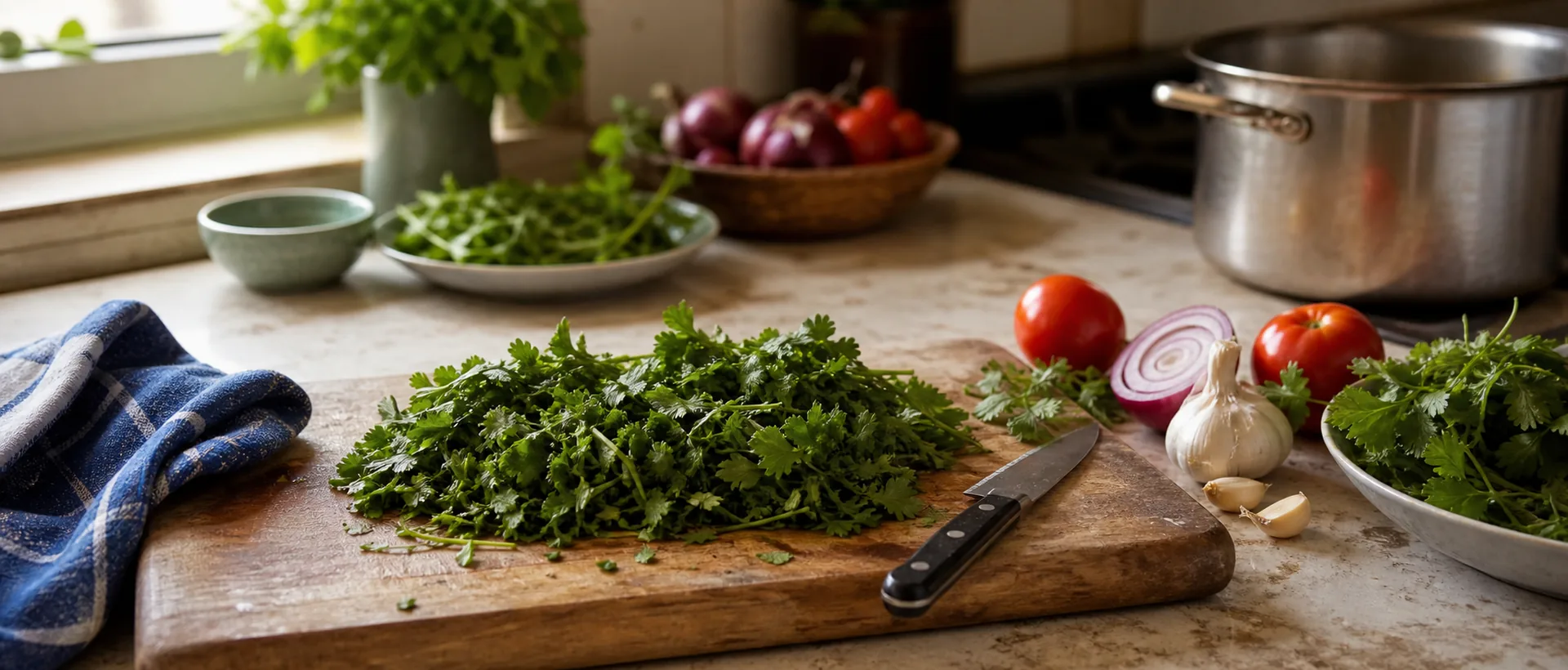 Fresh herbs prepared on a kitchen counter with cooking ingredients