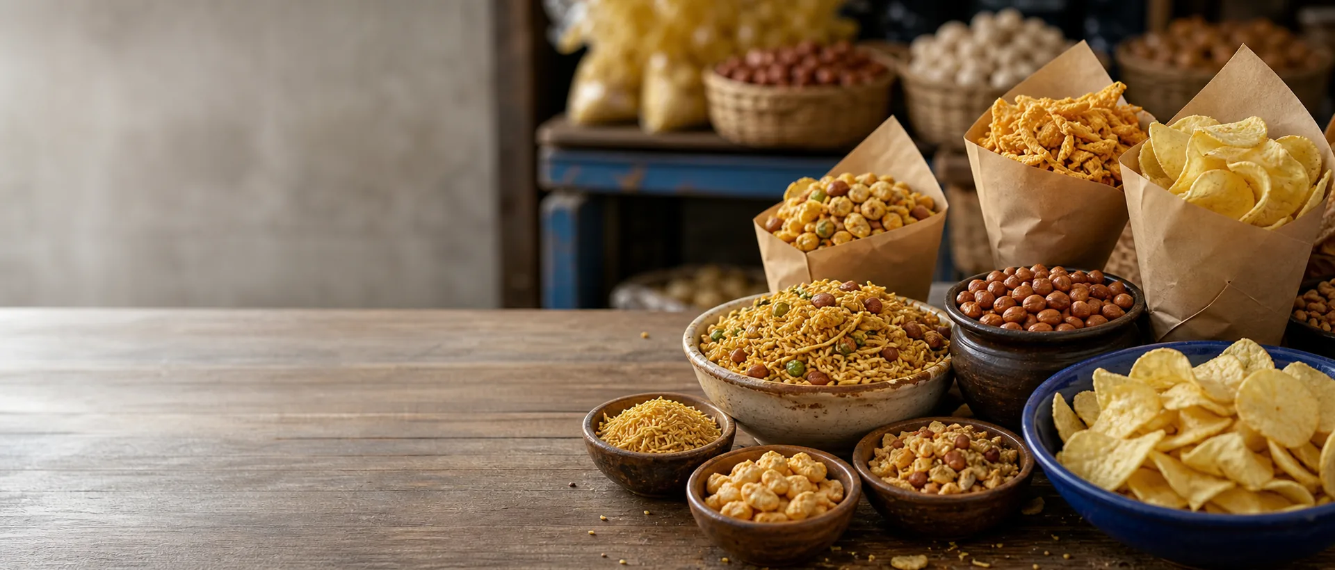 Savory snacks arranged in bowls and paper cones on a market counter