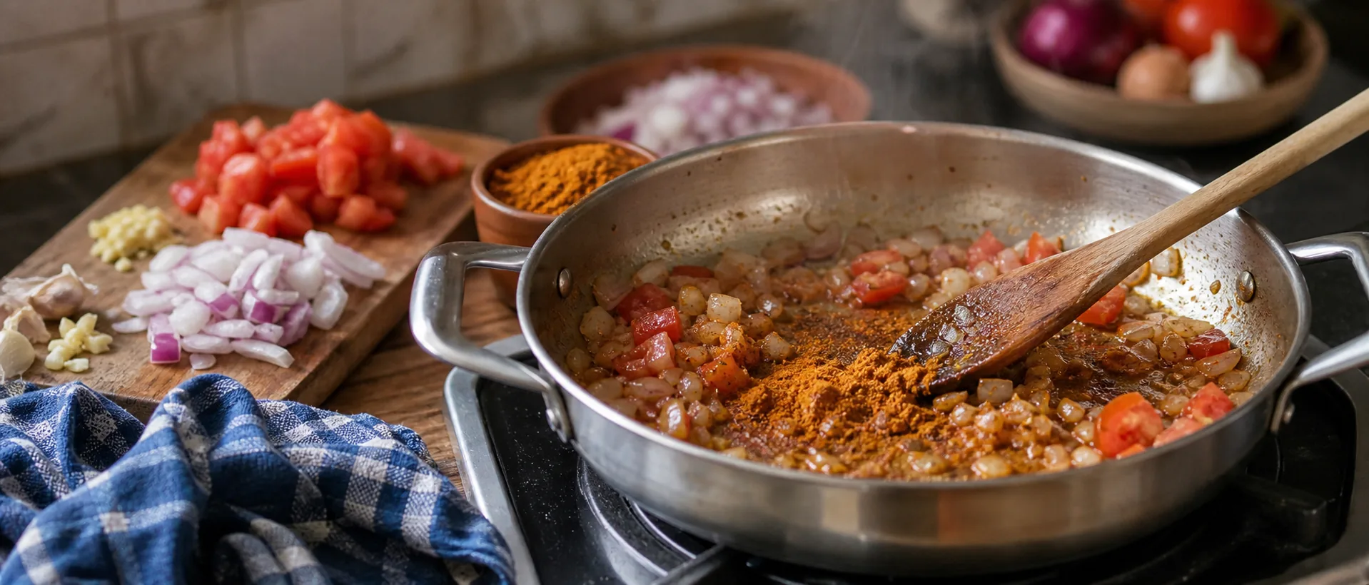 Masala blooming in a pan with onions and tomatoes